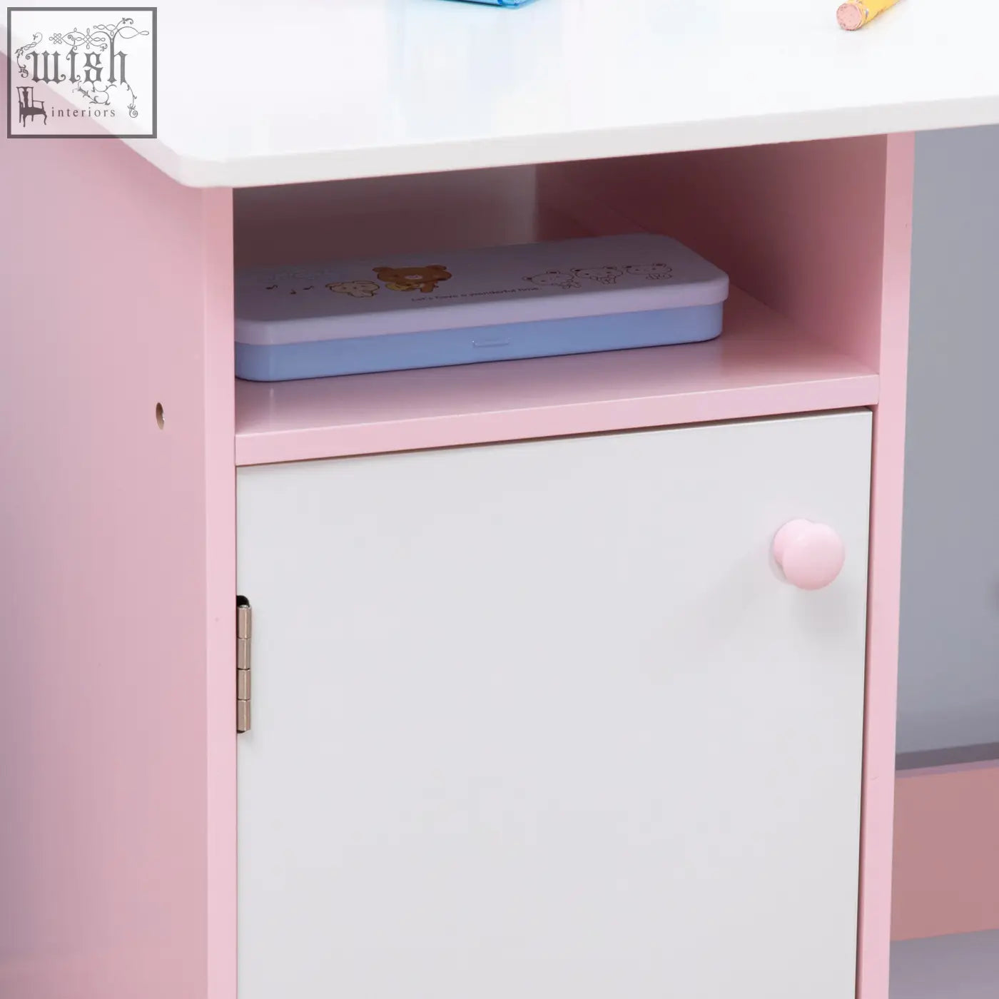 Pink and white homcom kids desk and chair set with pastel pink cabinet door and round knob for toddlers