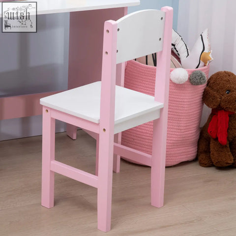 Pink and white wooden homcom kids desk chair set with simple modern design for toddlers and kids playroom use
