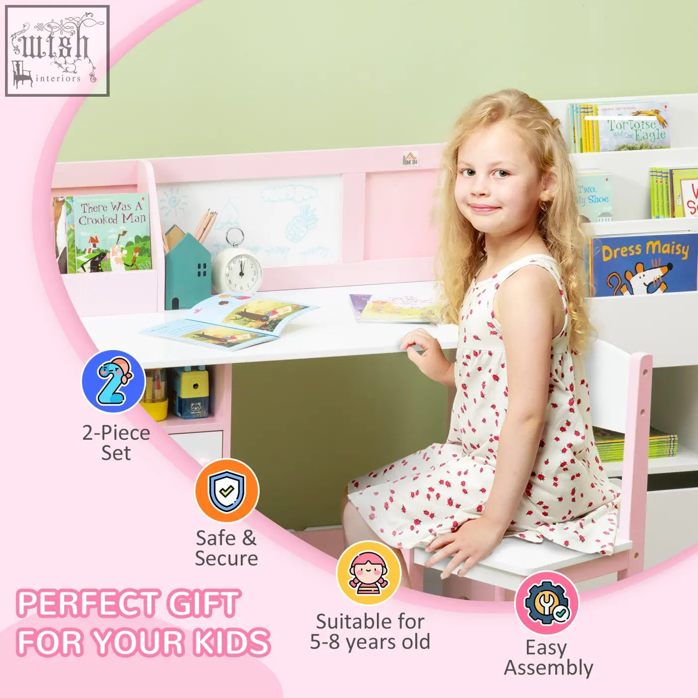Pink and white homcom kids desk and chair set with built-in bookshelf and storage compartments for toddlers
