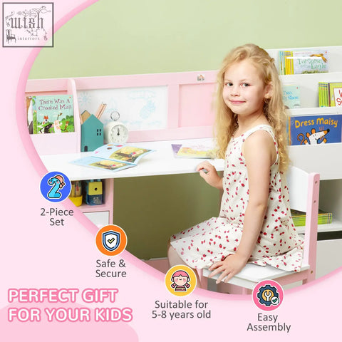 Pink and white homcom kids desk and chair set with built-in bookshelf and storage compartments for toddlers
