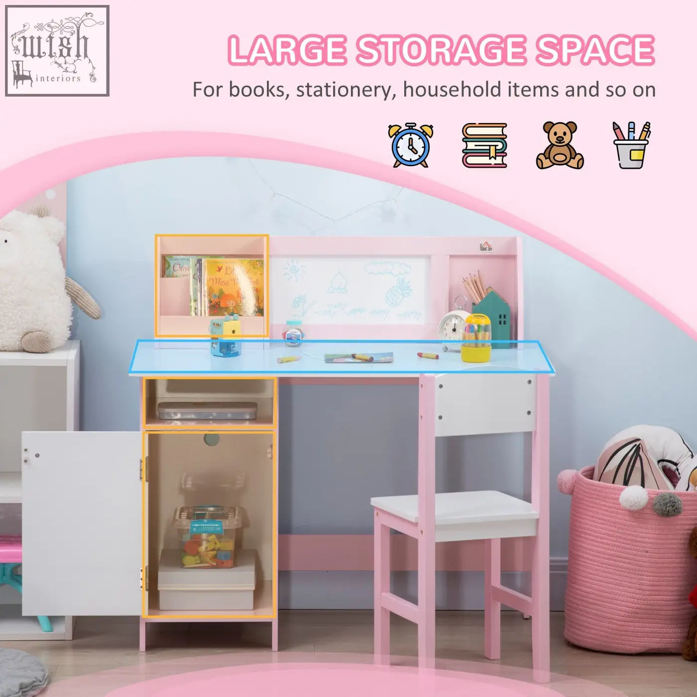 Homcom kids desk chair set with pink white frame blue glass top and yellow storage cabinet for kids study and play