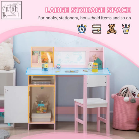 Homcom kids desk chair set with pink white frame blue glass top and yellow storage cabinet for kids study and play