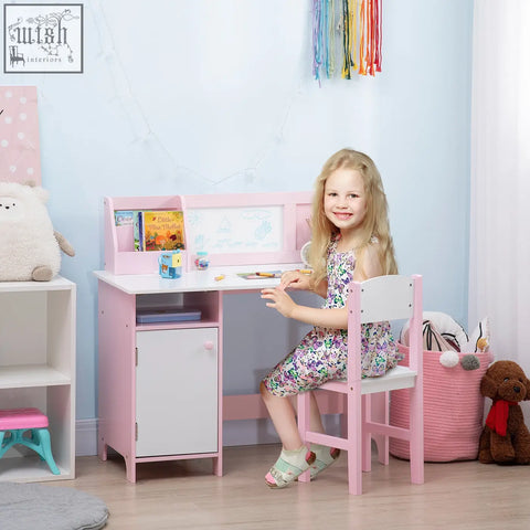 Pink homcom kids desk and chair set with white accents storage cabinet colorful bookshelf and drawing area for kids
