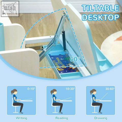 Blue homcom kids desk with tiltable light blue desktop, metal hinge, adjustable angle, perfect for chair set use