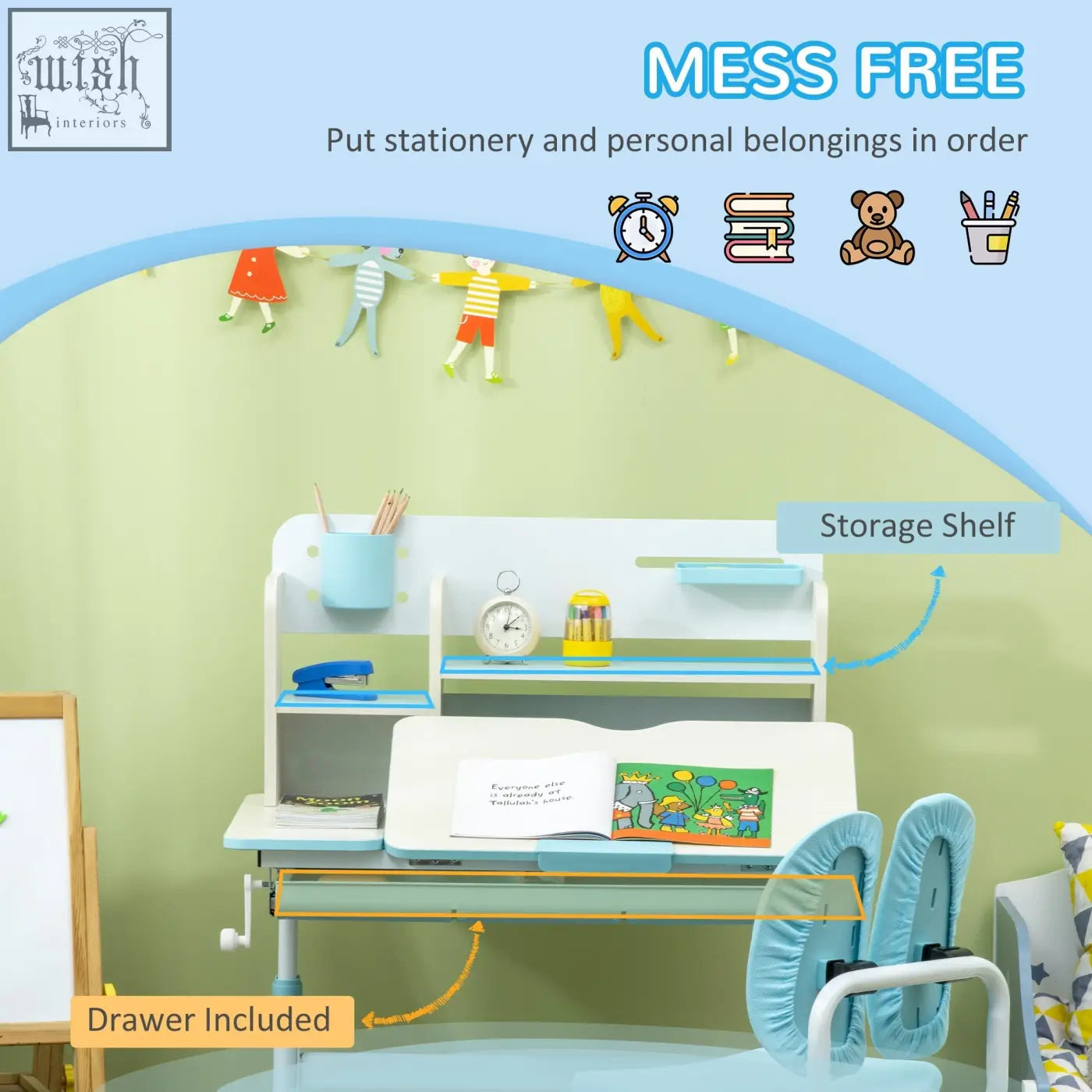 Light blue homcom kids desk and chair set with curved backrest, adjustable desk, white frame, and storage for kids 3-12 years