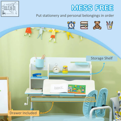 Light blue homcom kids desk and chair set with curved backrest, adjustable desk, white frame, and storage for kids 3-12 years