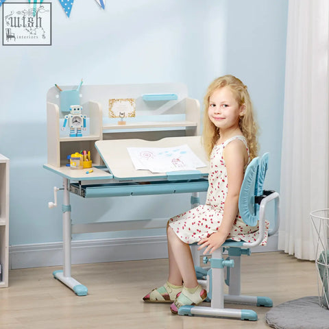 Light blue homcom kids desk and chair set with curved backrest and built-in storage shelves for ages 3-12 years