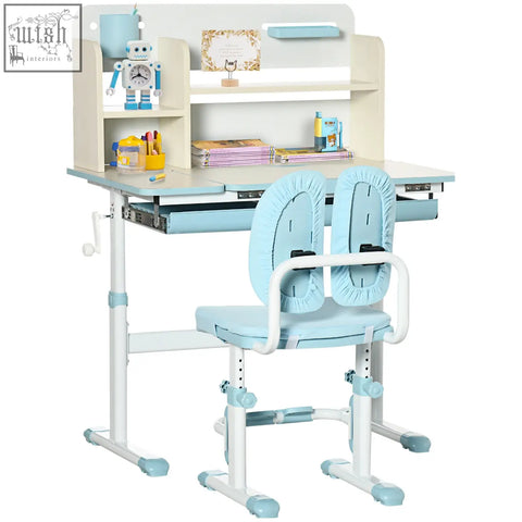 Homcom kids desk and chair set in light blue with curved backrest padded cushions and built-in storage shelves for kids