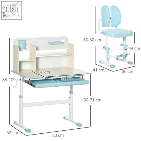 Homcom kids desk and chair set in blue with adjustable height curved backrest and built-in storage shelves for kids