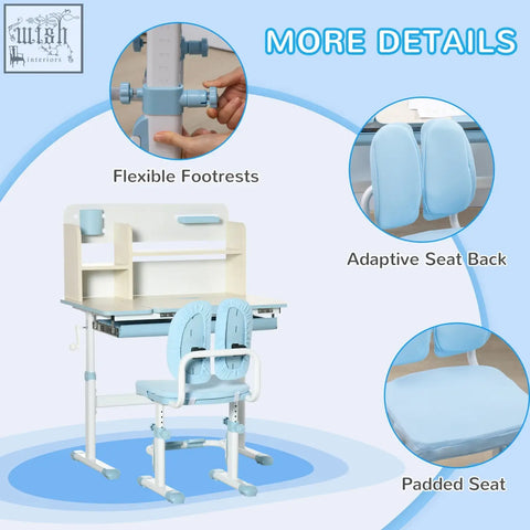 Blue homcom kids desk chair set with light blue padded seat and curved backrest white metal frame and storage shelves