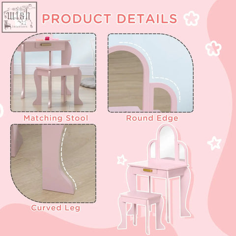 Pink homcom kids vanity table set with round-edged mirror and matching stool perfect for kids vanity play