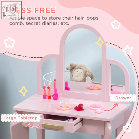 Pink kids vanity table with arched mirror and drawer from homcom kids dressing table set