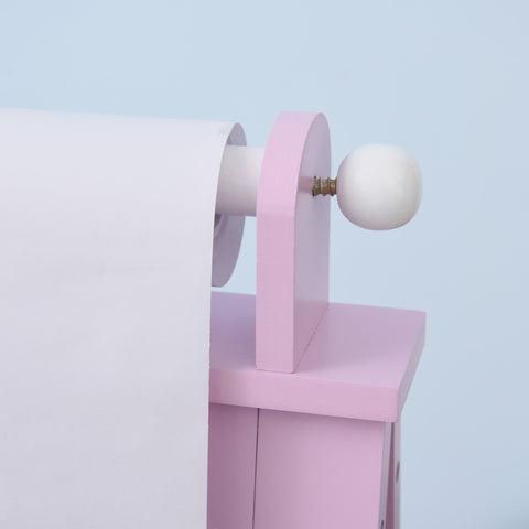 Pink wooden curtain rod with white spherical finial on homcom kids easel with paper roll and storage baskets