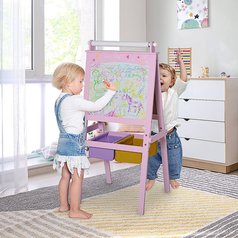Pink wooden homcom kids easel with double-sided chalkboard whiteboard storage baskets and paper roll for drawing paper