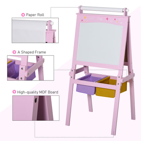 Pink wooden homcom kids easel with drawing paper roll, double-sided chalkboard, and purple yellow storage baskets