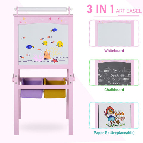 Pink homcom kids wooden art easel 3 in 1 with double-sided whiteboard chalkboard storage baskets and paper roll drawing paper
