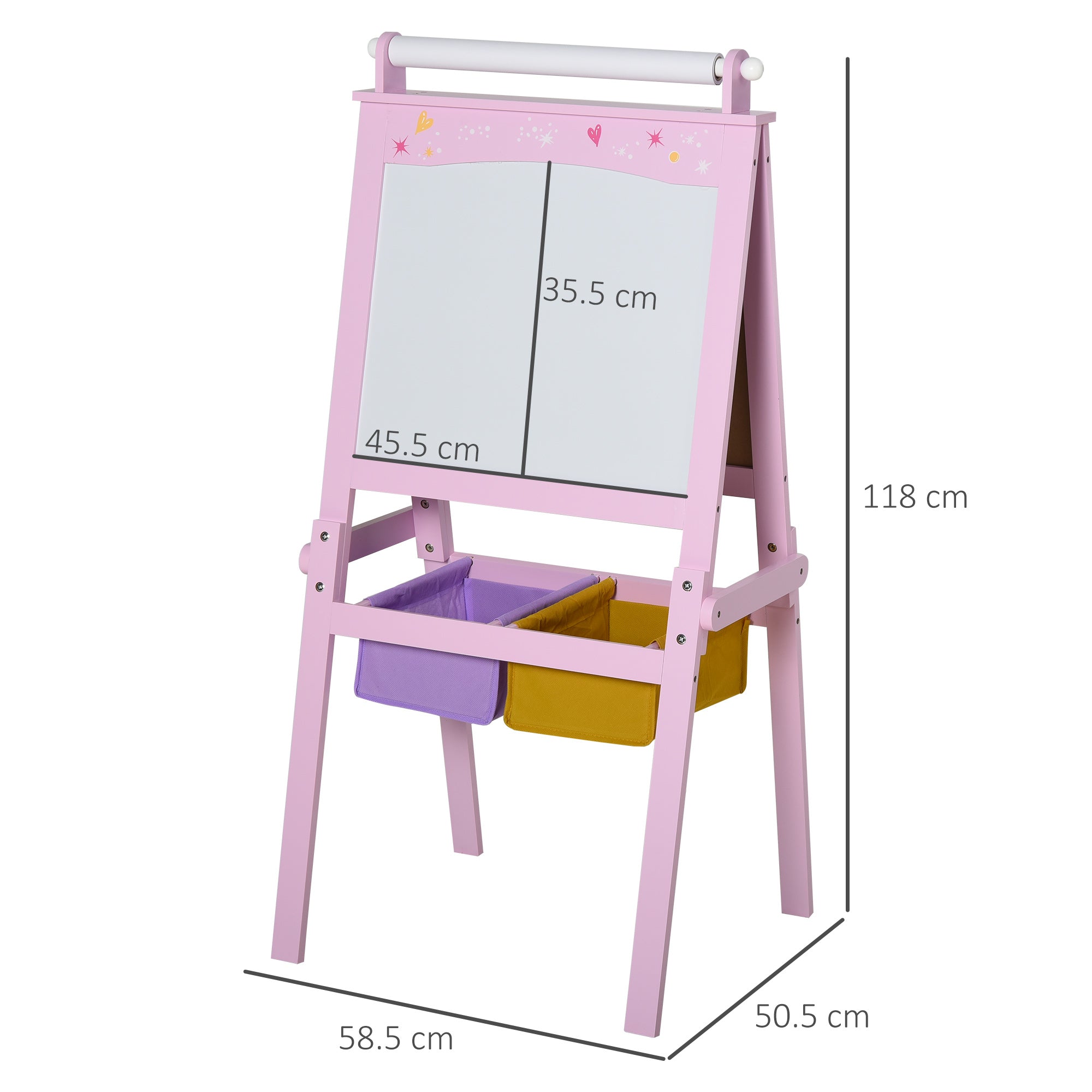 Pink HOMCOM kids easel wooden 3 in 1 with whiteboard, paper roll, chalkboard, and colorful storage baskets