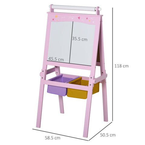 Pink HOMCOM kids easel wooden 3 in 1 with whiteboard, paper roll, chalkboard, and colorful storage baskets