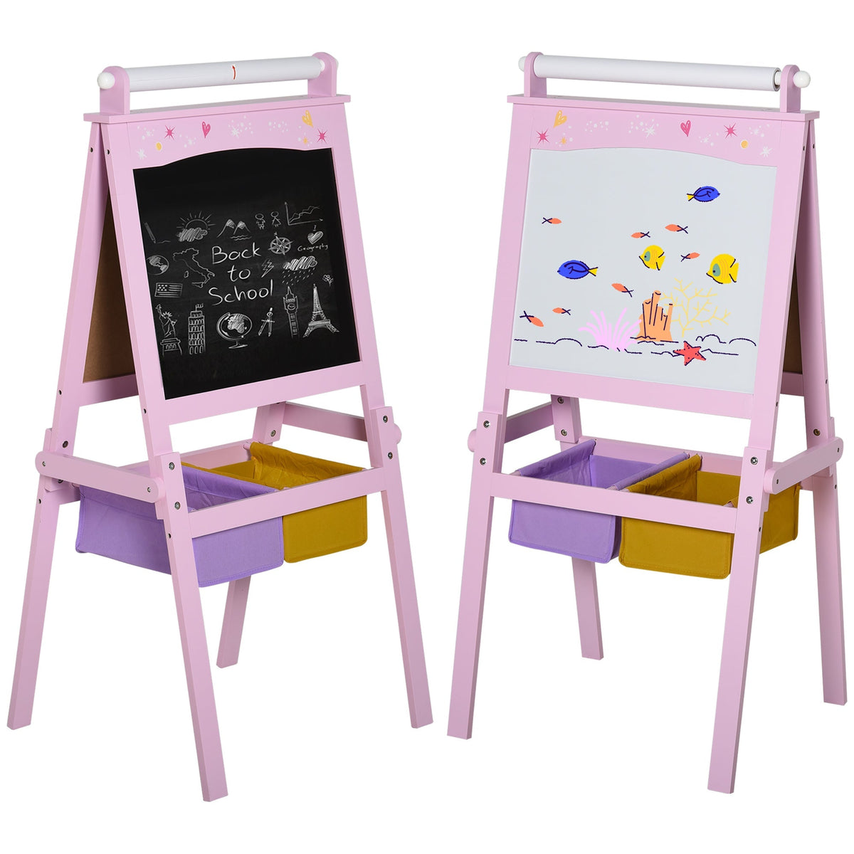 Pink wooden homcom kids easel with double-sided chalkboard whiteboard paper roll and purple yellow storage baskets