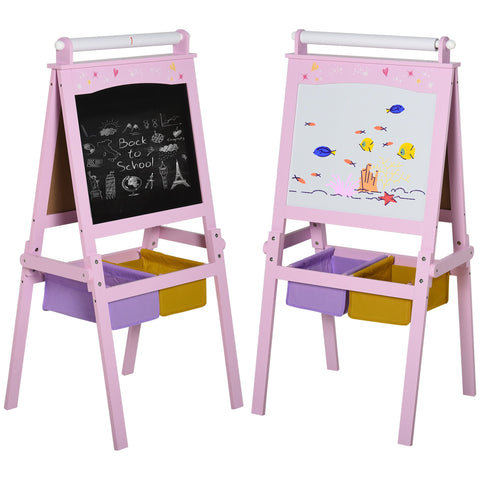 Pink wooden homcom kids easel with double-sided chalkboard whiteboard paper roll and purple yellow storage baskets