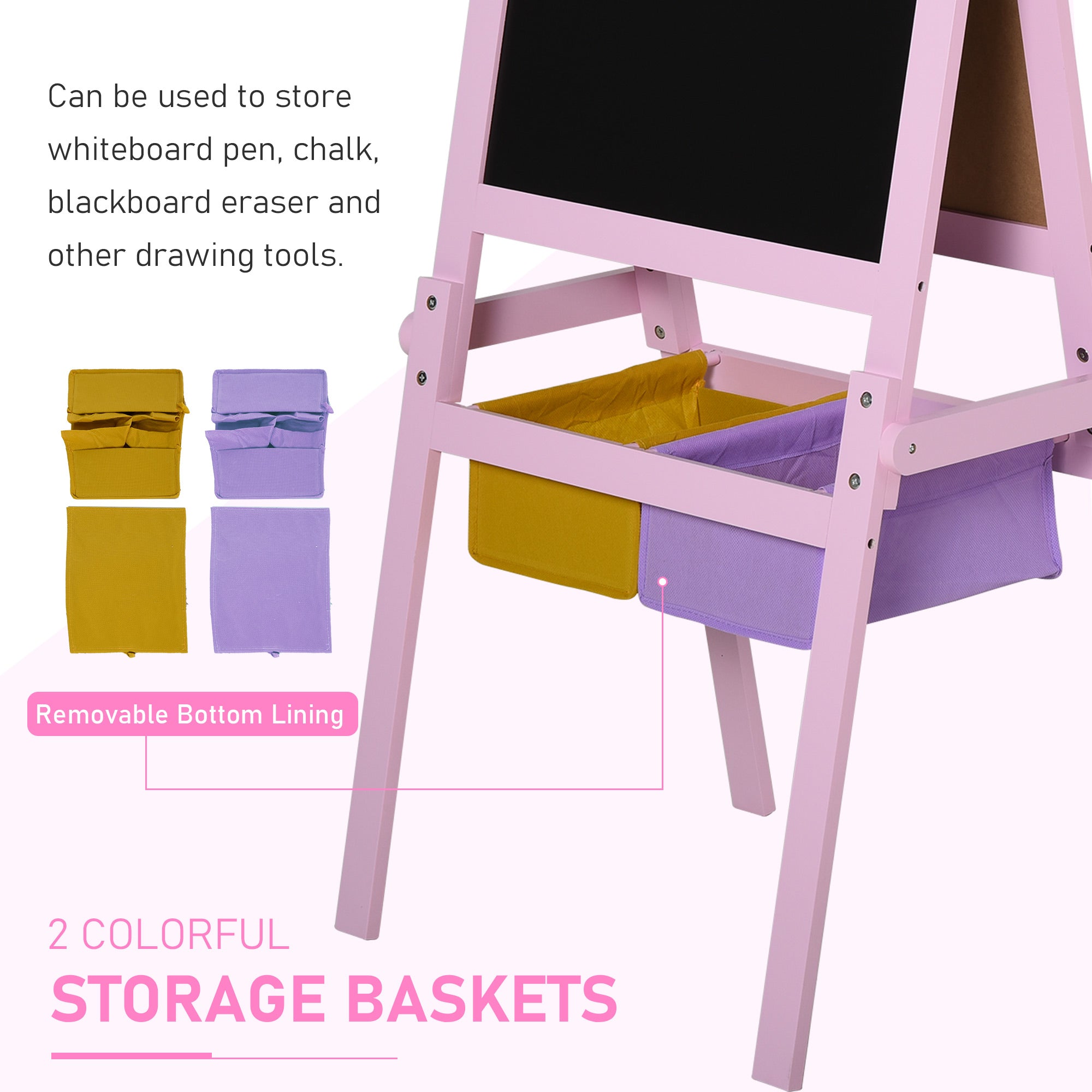Pink homcom kids easel with black chalkboard, paper roll, and yellow and purple fabric storage baskets for drawing paper