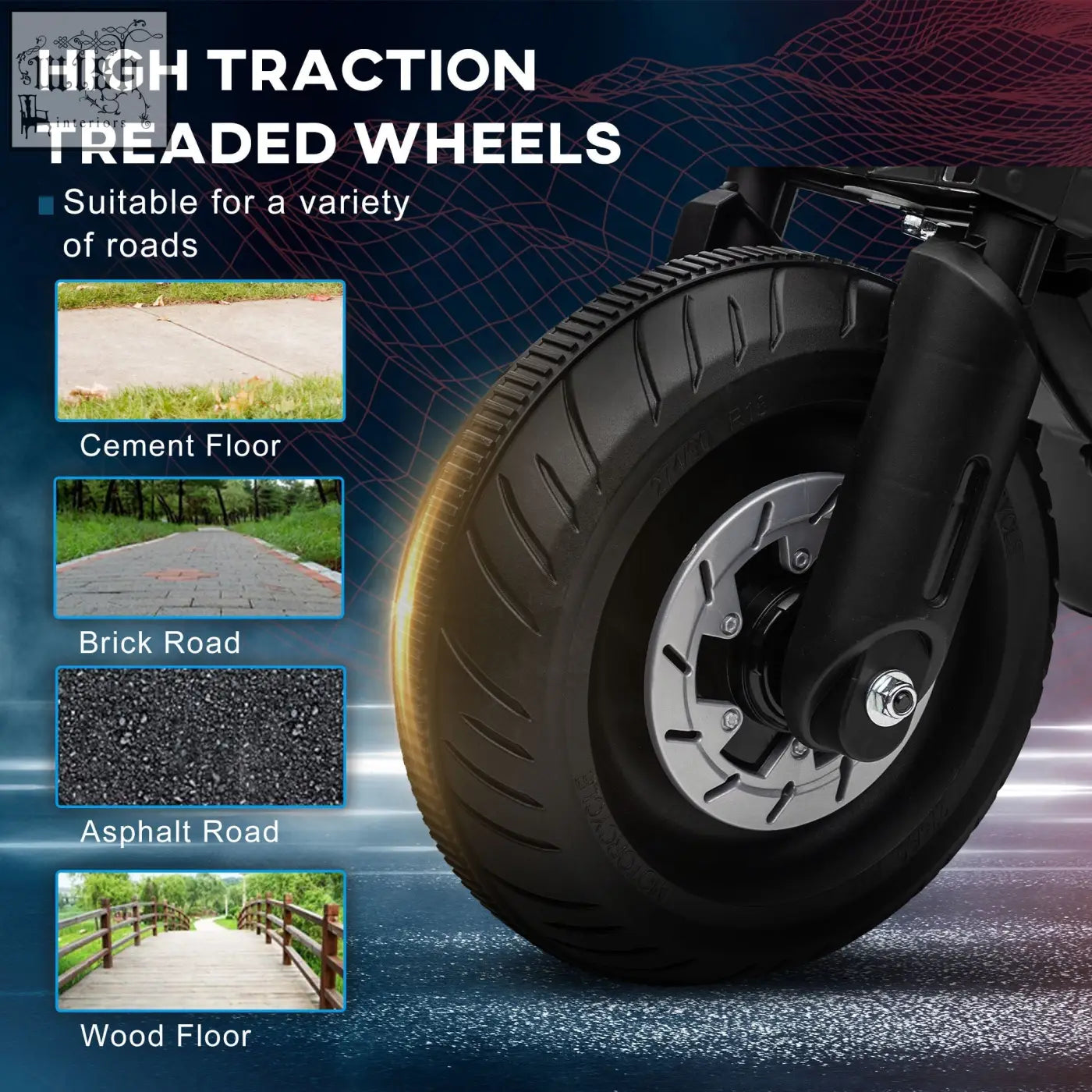 Black homcom kids electric motorbike tire with deep treads on silver alloy wheel for high traction and working horn features