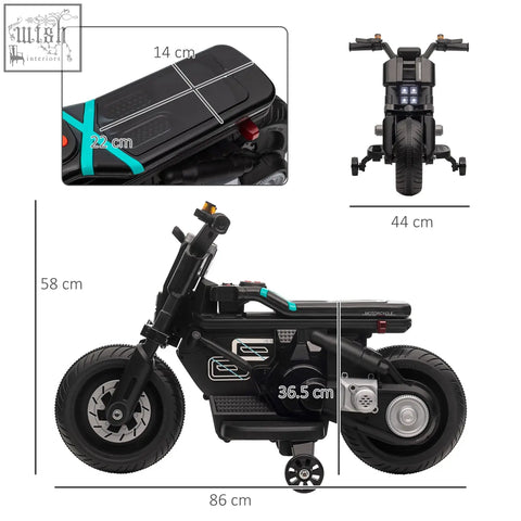 Black homcom kids electric motorbike with teal accents, working horn, siren, headlights, and training wheels for ages 3-5 years