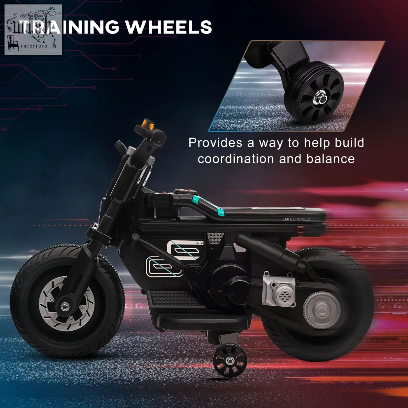 Black homcom kids electric motorbike with training wheels teal handlebars working horn for ages 3-5 years