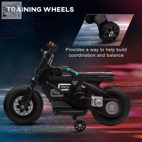 Black homcom kids electric motorbike with training wheels teal handlebars working horn for ages 3-5 years