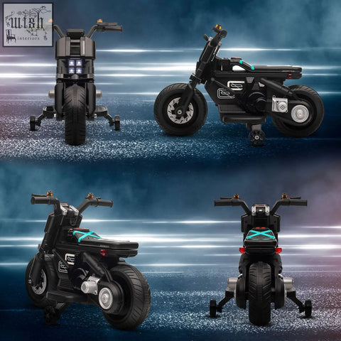 Black homcom kids electric motorbike with teal accents, working horn, siren, headlights, and training wheels for ages 3-5
