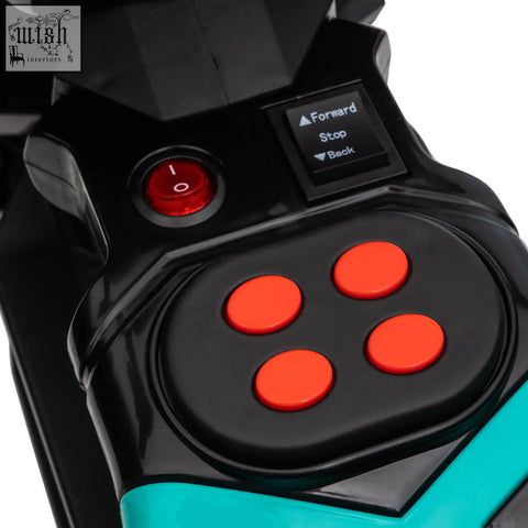 Black and teal homcom kids electric remote control with red forward stop back buttons and working horn for kids electric motorbike