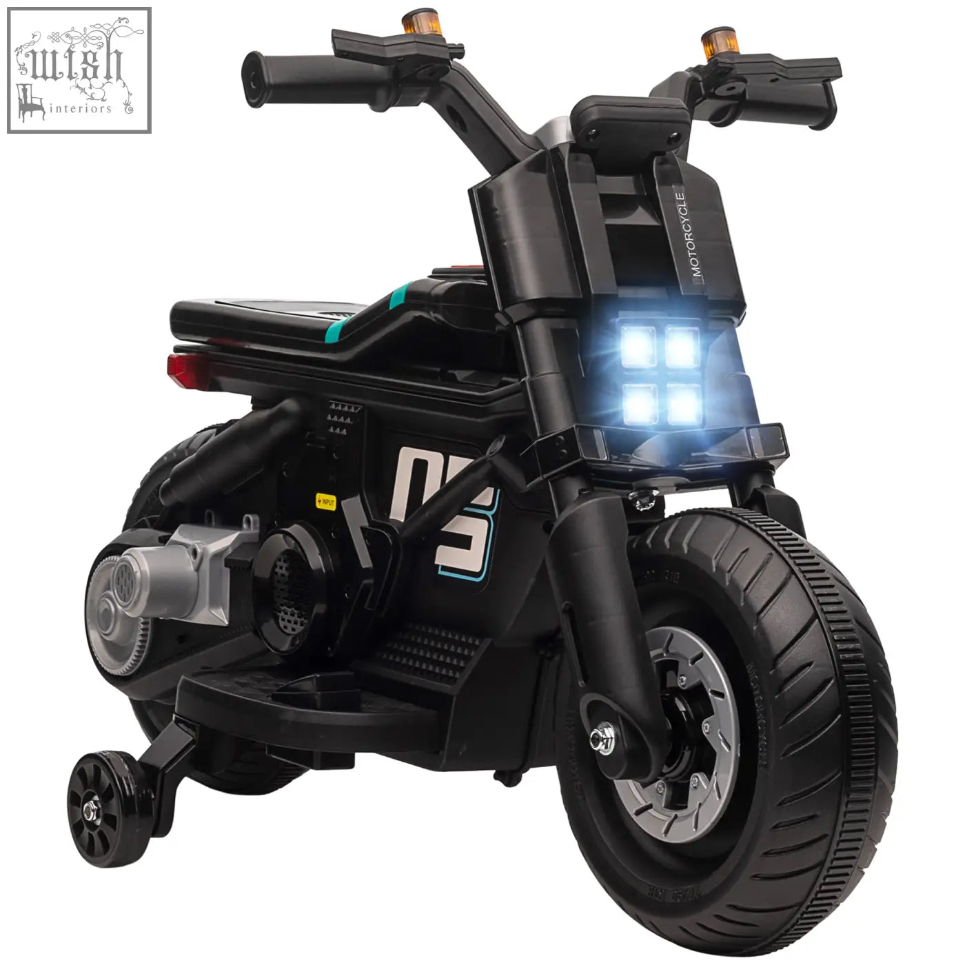 Black homcom kids electric motorbike with glowing blue headlights silver accents and working horn for ages 3-5 years