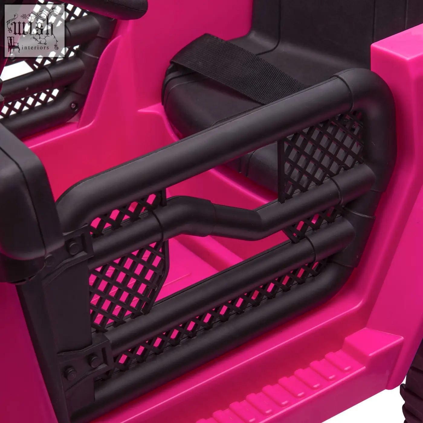 Bright pink homcom kids electric ride on jeep with black mesh side rails seat belt extra-wide tyres and remote control