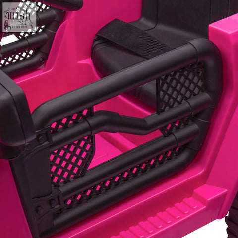 Bright pink homcom kids electric ride on jeep with black mesh side rails seat belt extra-wide tyres and remote control