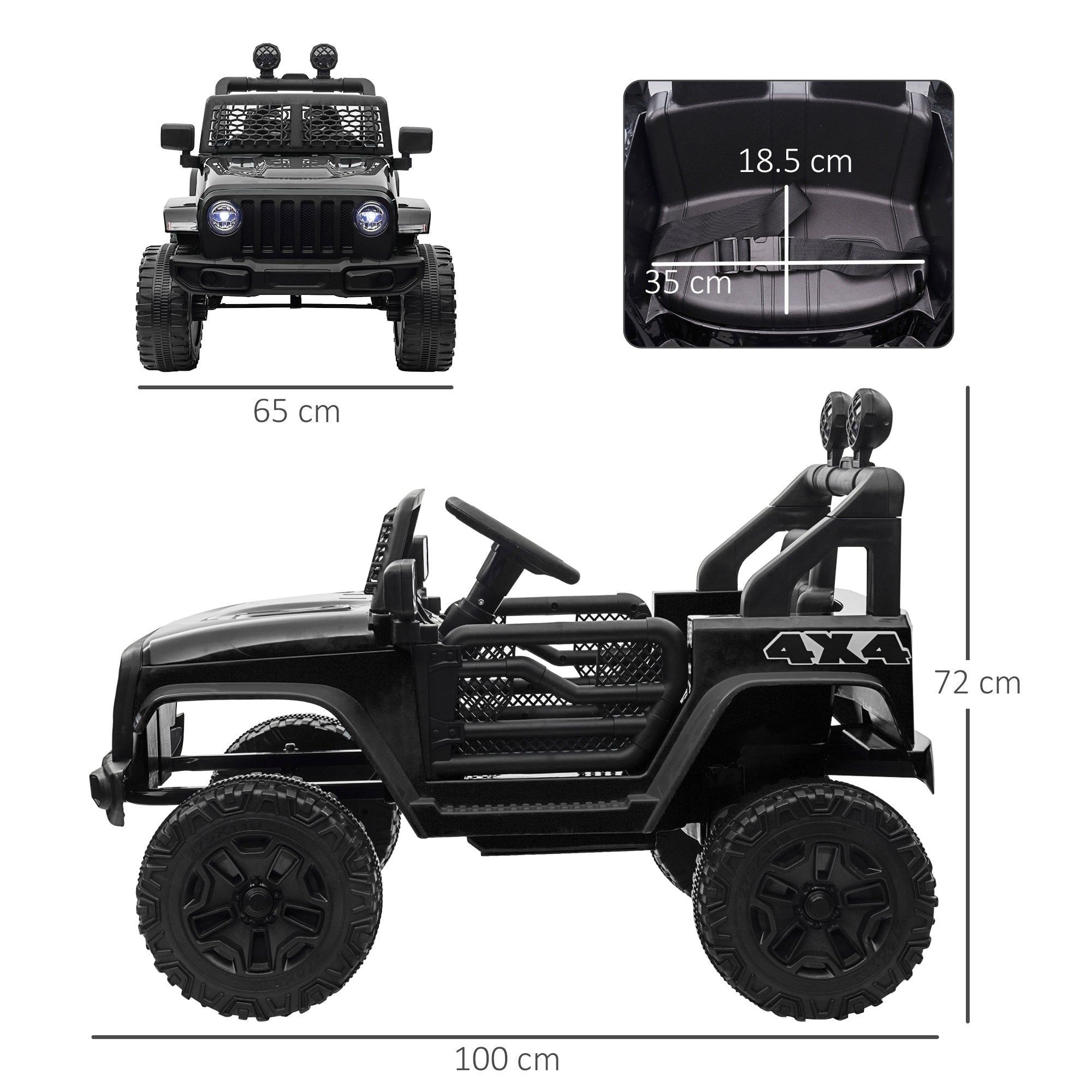 Black plastic kids electric jeep with extra-wide tyres, seat belt, mesh panels, and remote control for ages 3-6