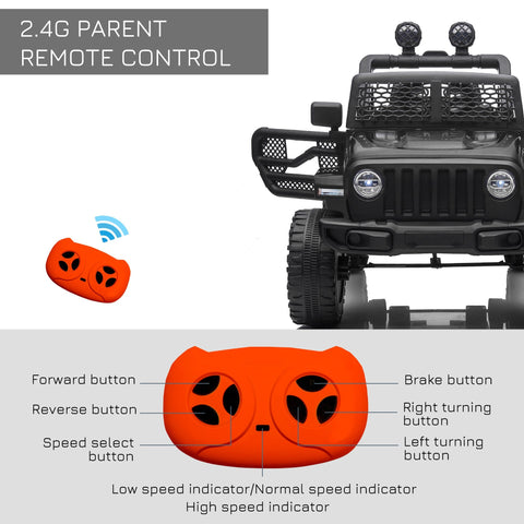 Black HOMCOM kids electric ride on jeep with seat belt and extra-wide tyres controlled by orange owl remote with horn and lights