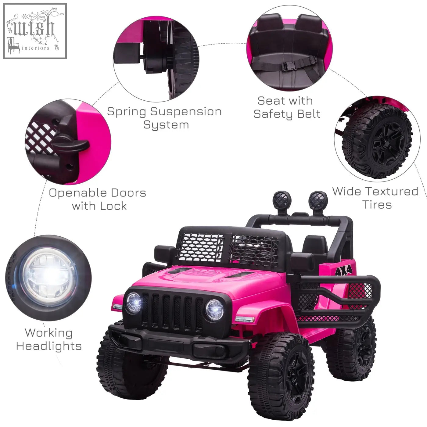 Pink and black homcom kids electric ride on jeep with extra-wide tyres seat belt remote control and working headlights