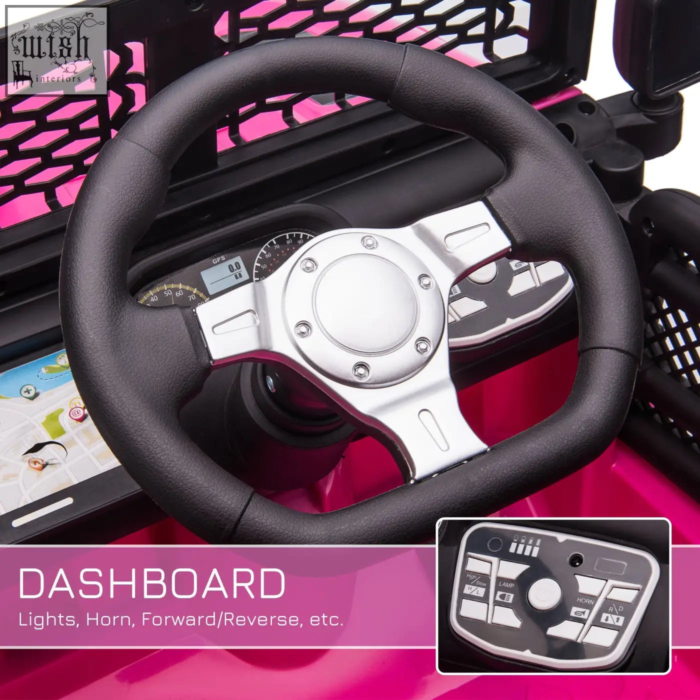 Black and silver steering wheel with textured grip and control buttons for lights horn and direction in pink HOMCOM kids ride on car with remote control and seat belt