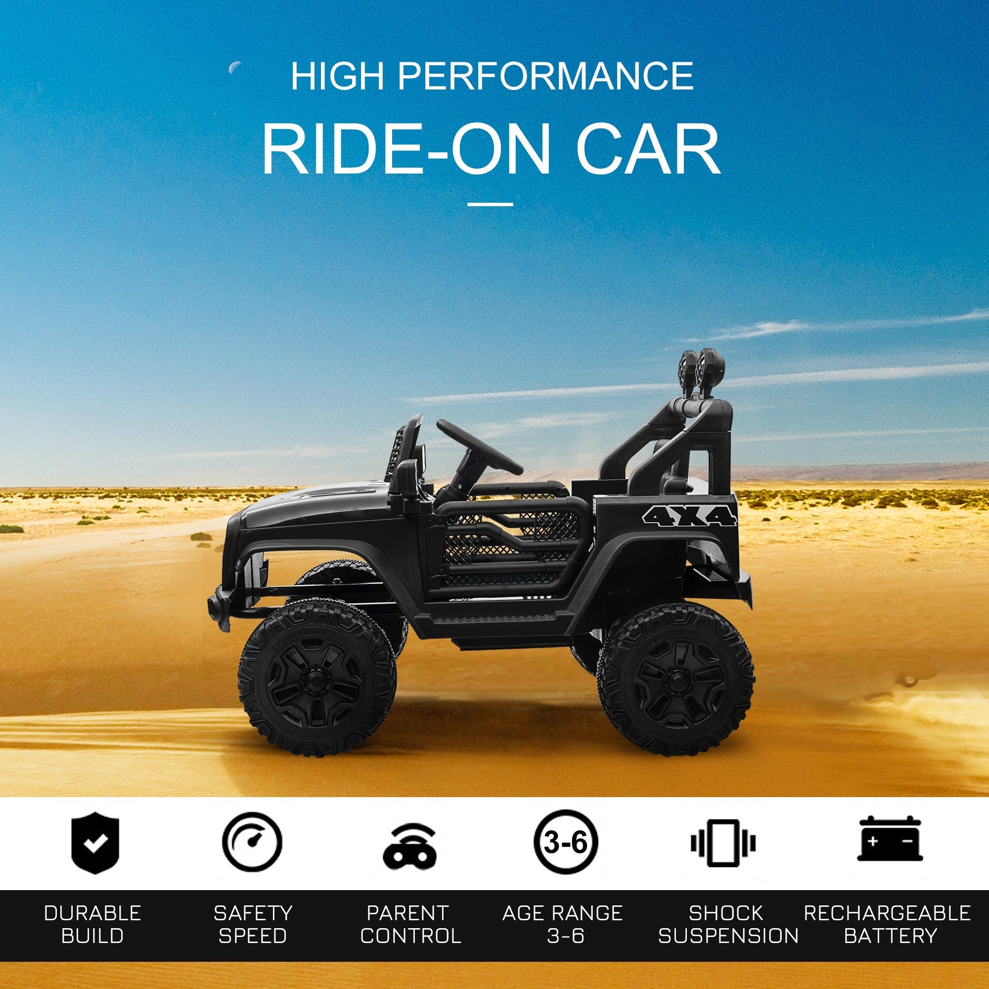 Black homcom kids electric ride on car with extra-wide tyres, seat belt, remote control, rugged off-road design