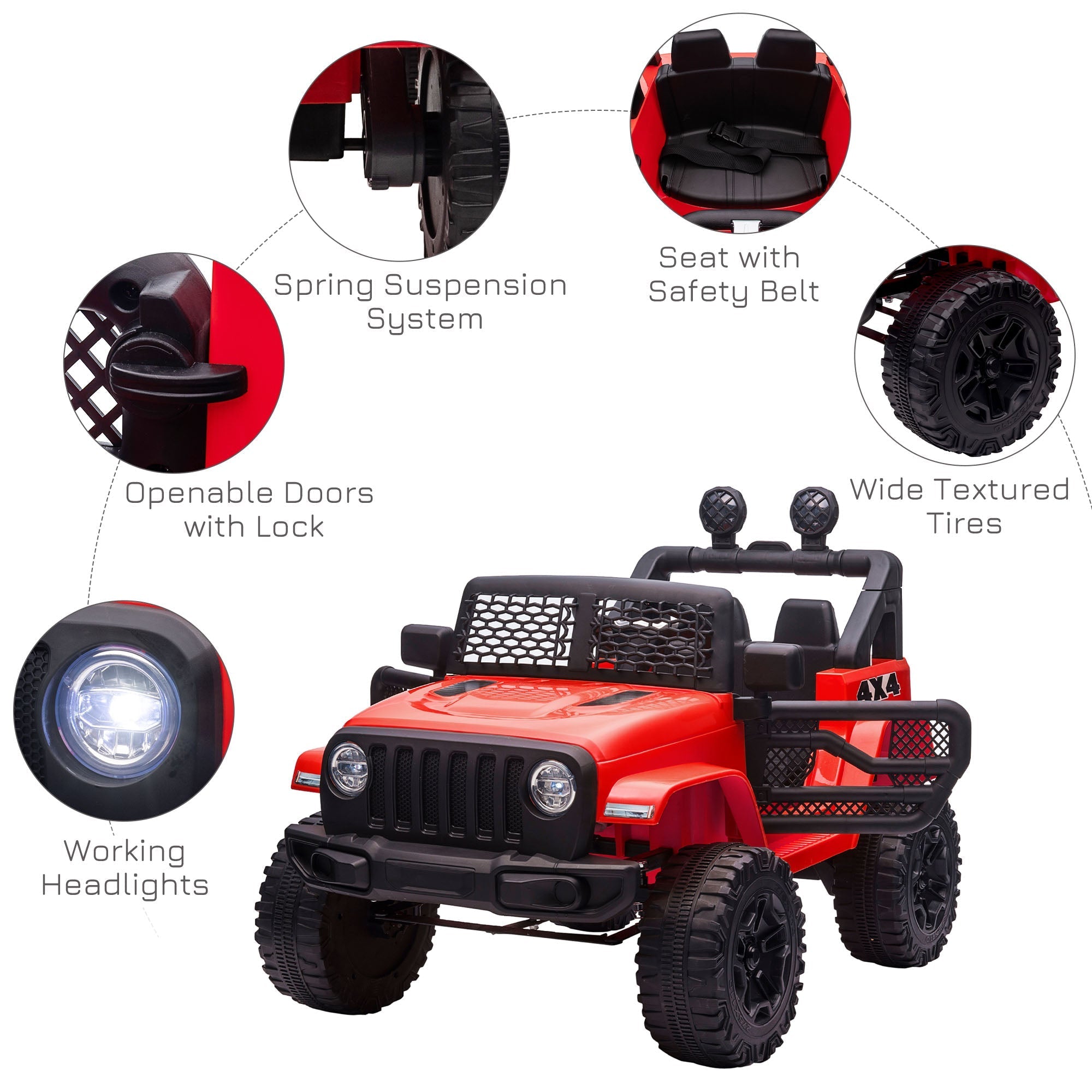 Red and black homcom kids electric jeep with extra-wide tyres seat belt remote control and working headlights