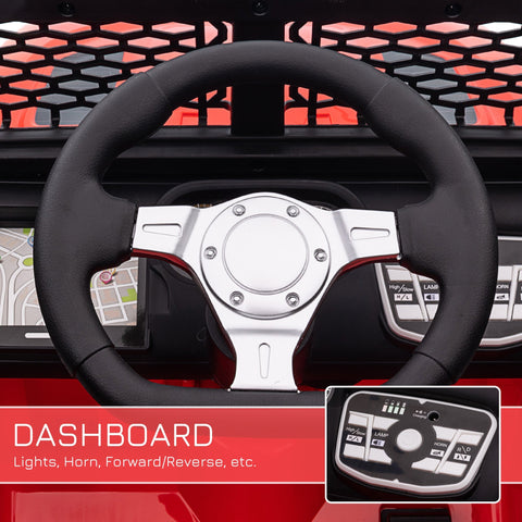Black and silver textured steering wheel with control buttons for horn lights and forward reverse on homcom kids ride on car with extra wide tyres seat belt and long run time