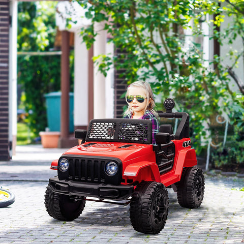 Red and black homcom kids electric jeep wrangler toy car with mesh grille extra-wide tyres seat belt and long run time