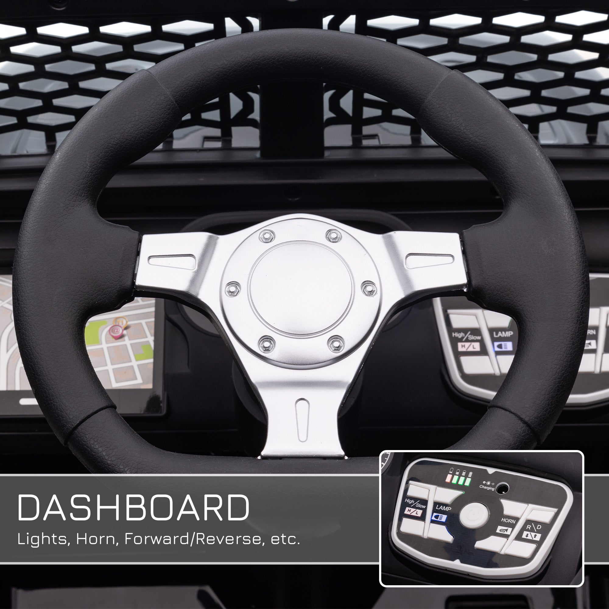 Black and silver steering wheel with textured grip and metallic hub for homcom kids electric ride on car with remote control seat belt and extra-wide tyres