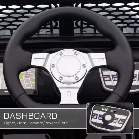 Black and silver steering wheel with textured grip and metallic hub for homcom kids electric ride on car with remote control seat belt and extra-wide tyres