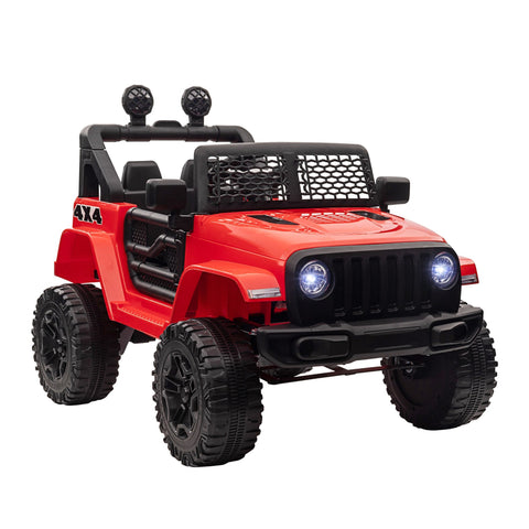 Red and black homcom kids electric jeep wrangler toy with extra-wide tyres, seat belt, remote control, and illuminated headlights