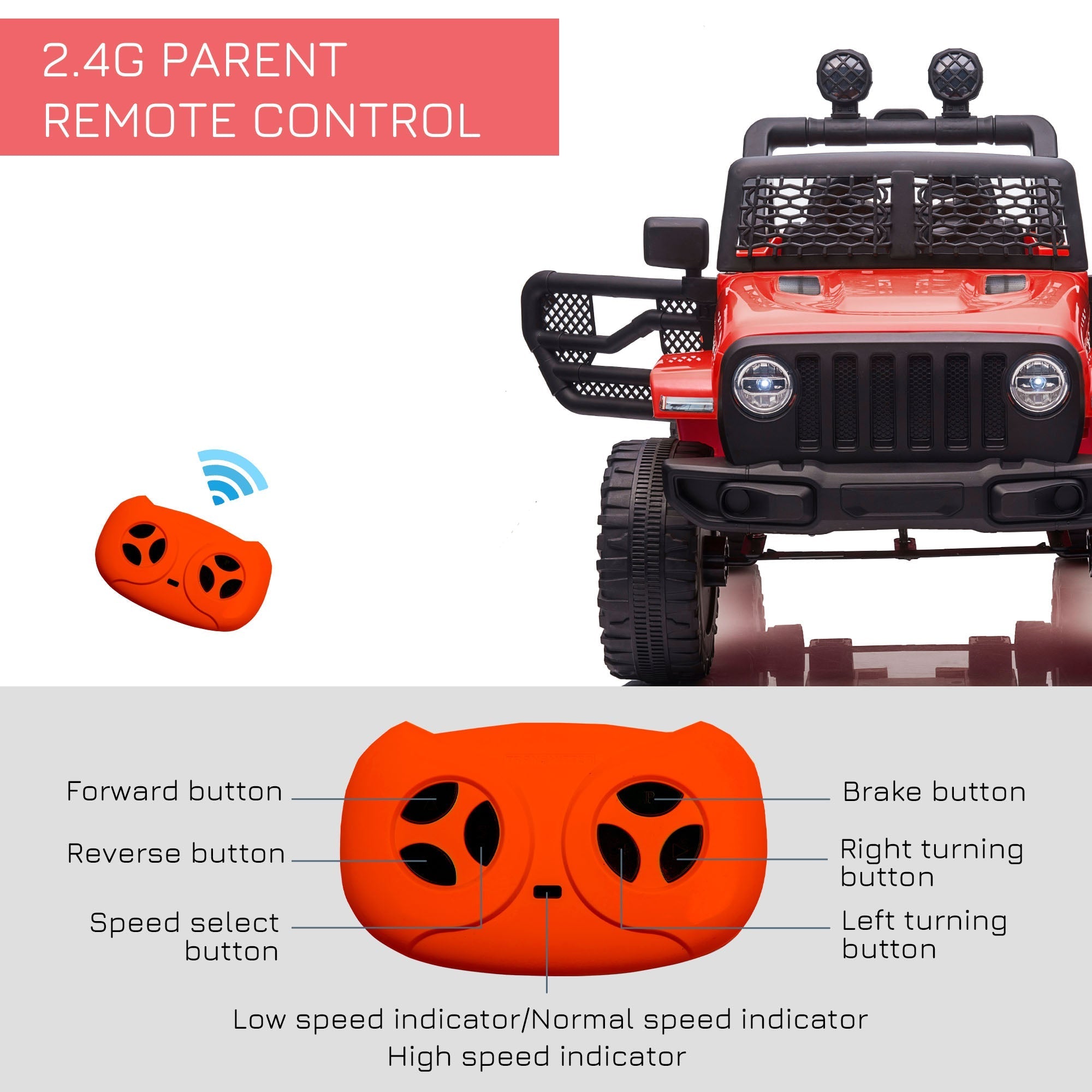 Orange cat shaped remote control for red homcom kids electric ride on car with seat belt and extra-wide tyres
