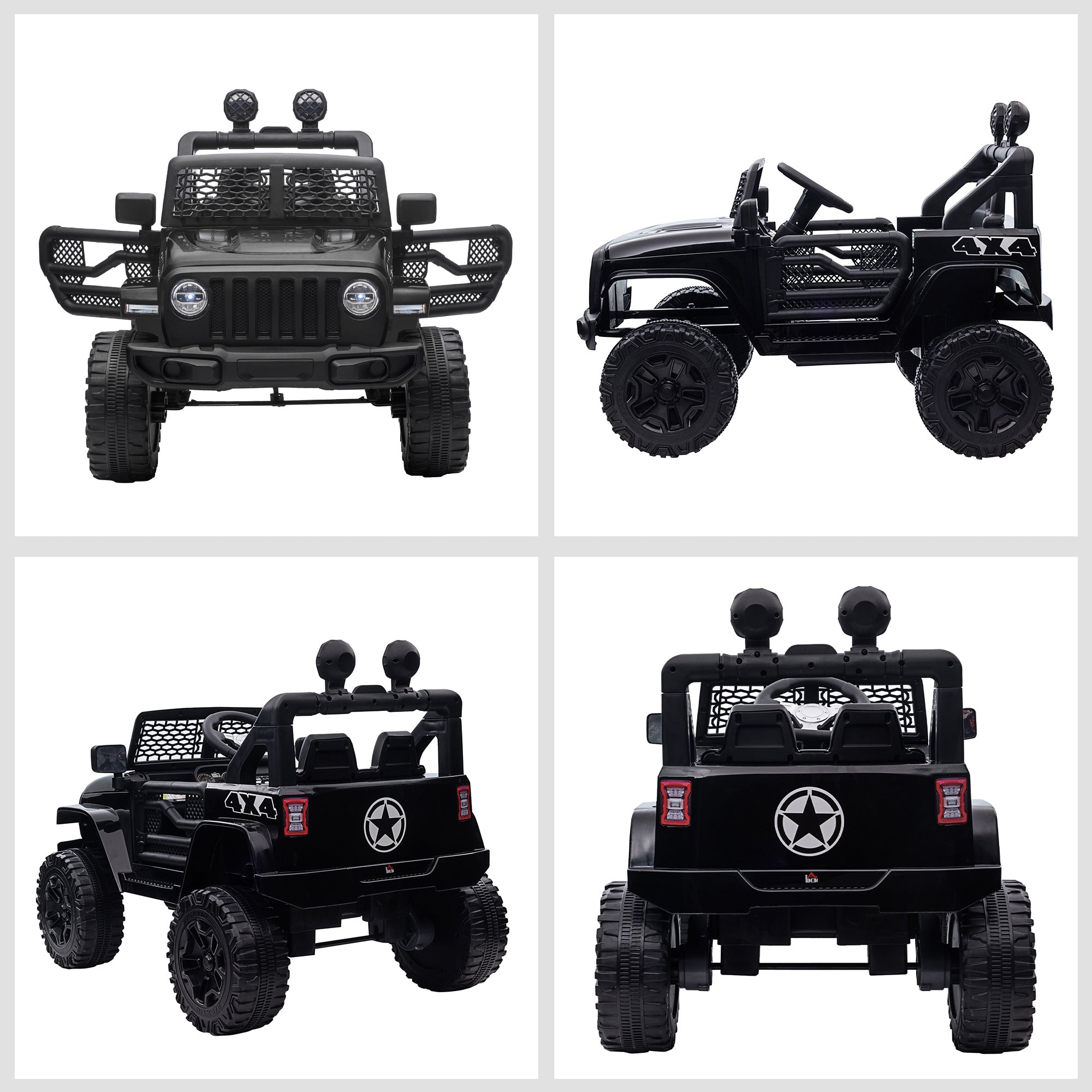 Black HOMCOM kids electric ride on jeep with extra-wide tyres, chrome accents, star emblem, and seat belt for off road fun