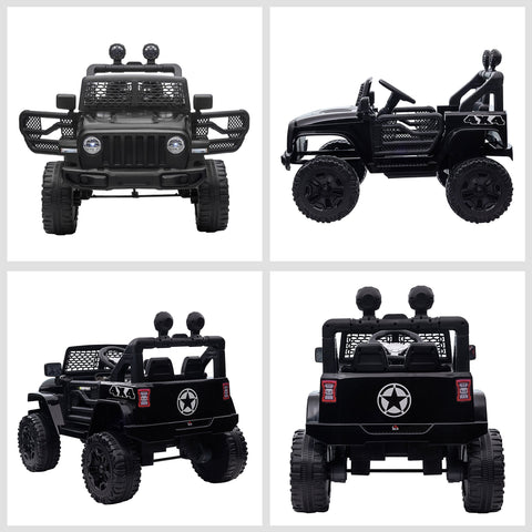 Black HOMCOM kids electric ride on jeep with extra-wide tyres, chrome accents, star emblem, and seat belt for off road fun