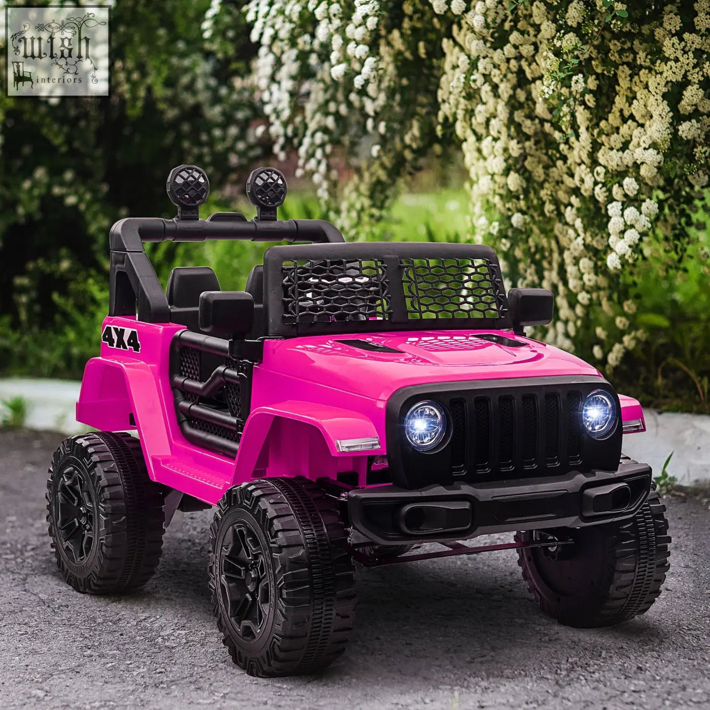 Bright pink homcom kids electric jeep with extra-wide tyres, seat belt, and remote control for ages 3-6 years