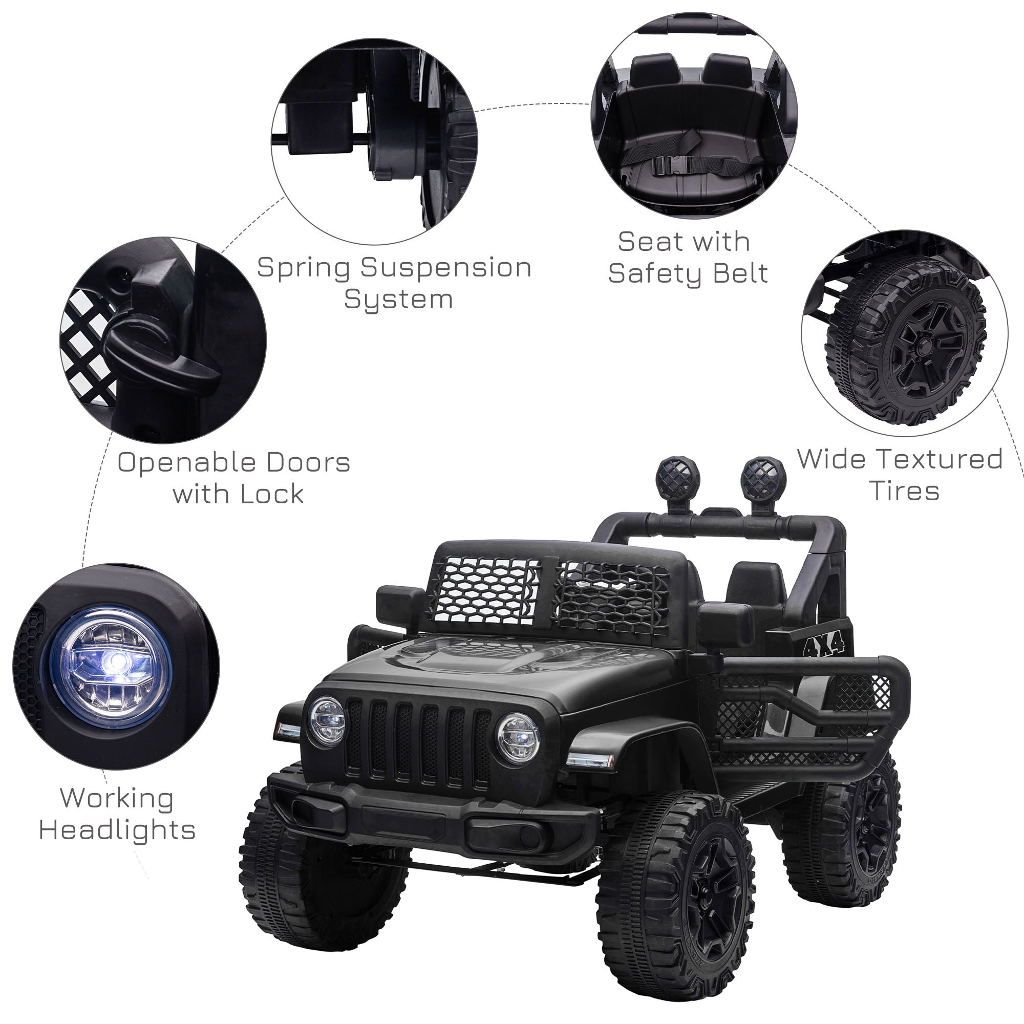Black homcom kids electric ride on jeep with extra-wide tyres, seat belt, working headlights, and long run time